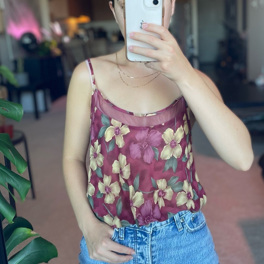 Vintage Floral Semi Sheer Camisole Tank Top Size Small